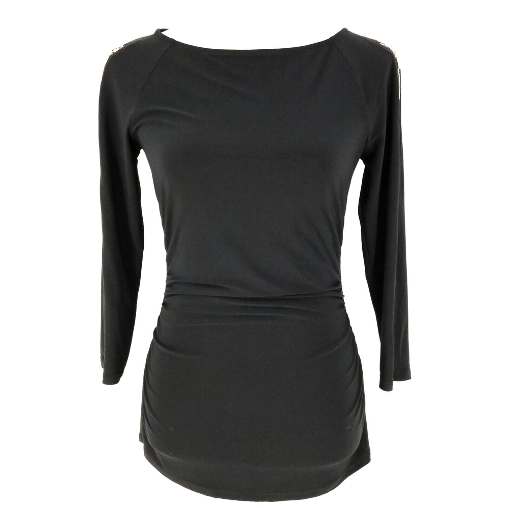 Joseph Ribkoff Top Womens 4 Black Stretch Knit Blouse Ruched Sides Zip Sleeves